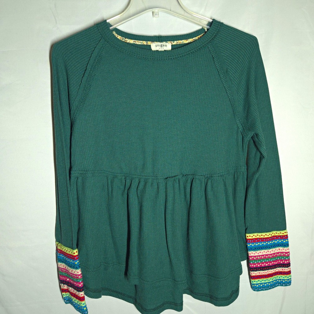 Umgee Green Waffle Pullover Top Round Neck Crochet Cuffs Long Sleeve M Boho